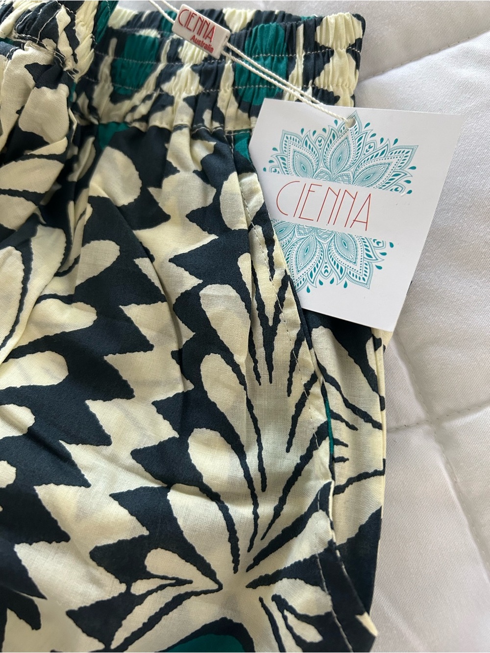 Wide Leg Printed Pants in Teal and Cream - Picture 6 of 6